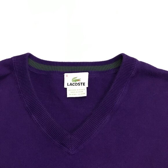 LACOSTE Men 6 - XL Cotton PURPLE V-Neck Logo Sweater - Picture 4 of 5